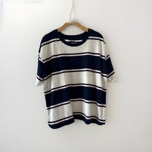 Lands' End Tee Womens L Blue Striped Boxy Mariner Short Sleeve 100% Cotton